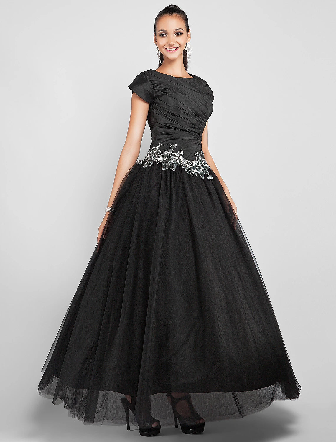 wholesale  Ball Gown Little Black Dress Dress Prom Formal Evening Ankle Length Short Sleeve Jewel Neck Taffeta with Appliques Side Draping