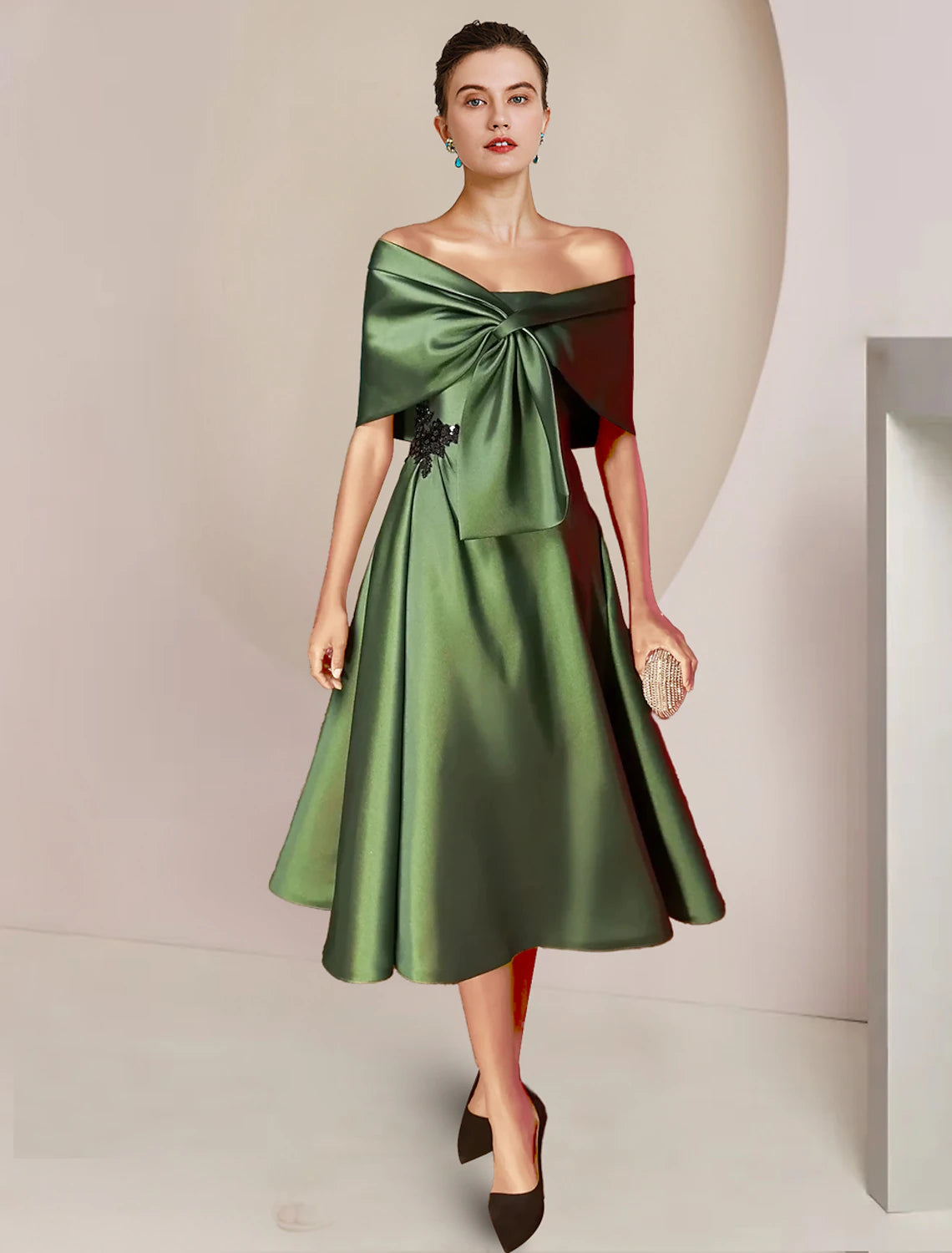 wholesale   Two Piece A-Line Mother of the Bride Dress Formal Wedding Guest Party Elegant Strapless Tea Length Charmeuse Sequined Sleeveless Shawls with Beading Appliques