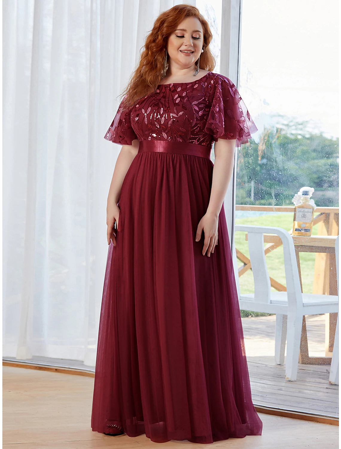 Wholesa A-Line Prom Dresses Vintage Dress Prom Floor Length Short Sleeve Jewel Neck Tulle with Sequin Ruffles Appliques