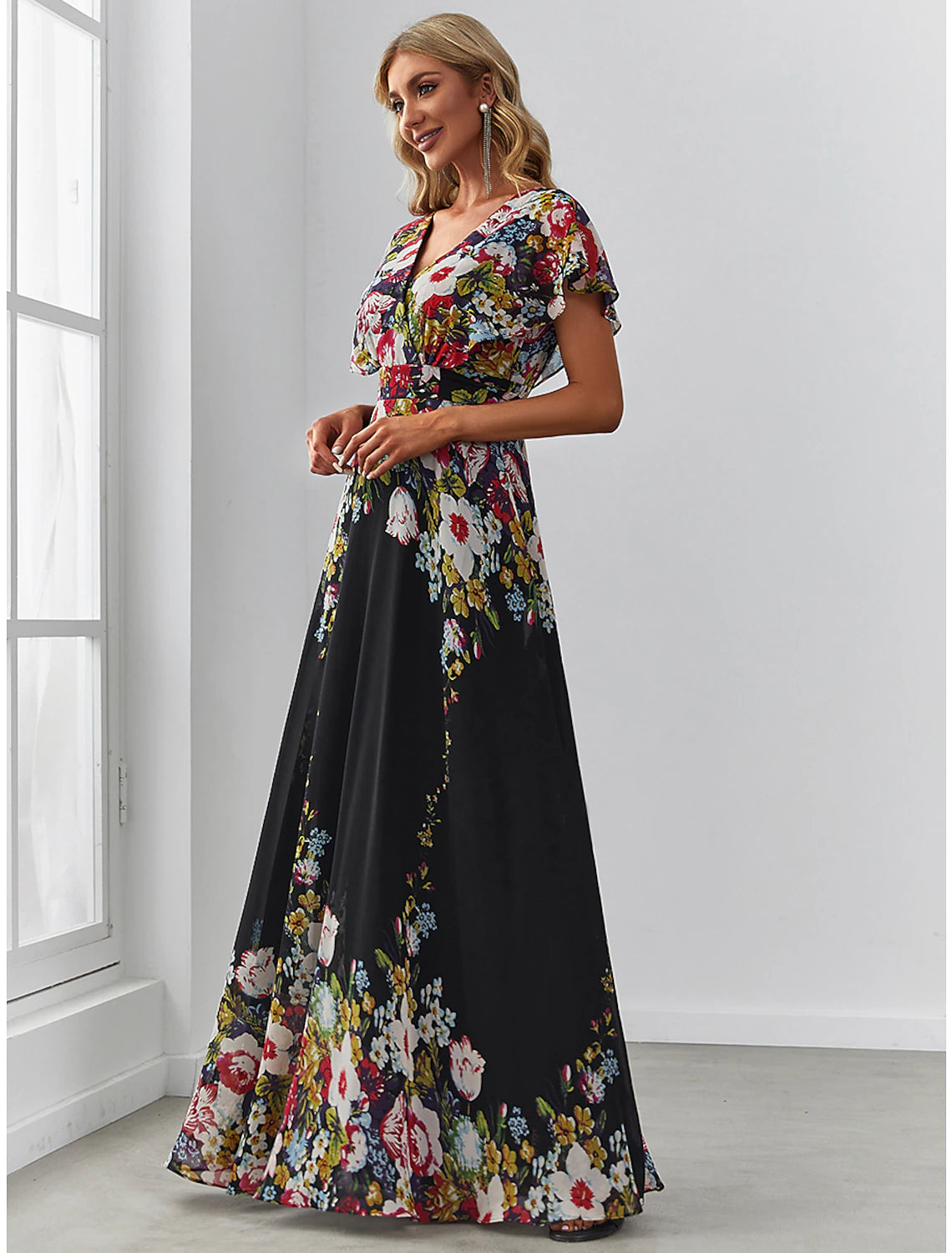 Wholesa A-Line Evening Gown Floral Dress Birthday Floor Length Short Sleeve V Neck Chiffon with Pattern / Print