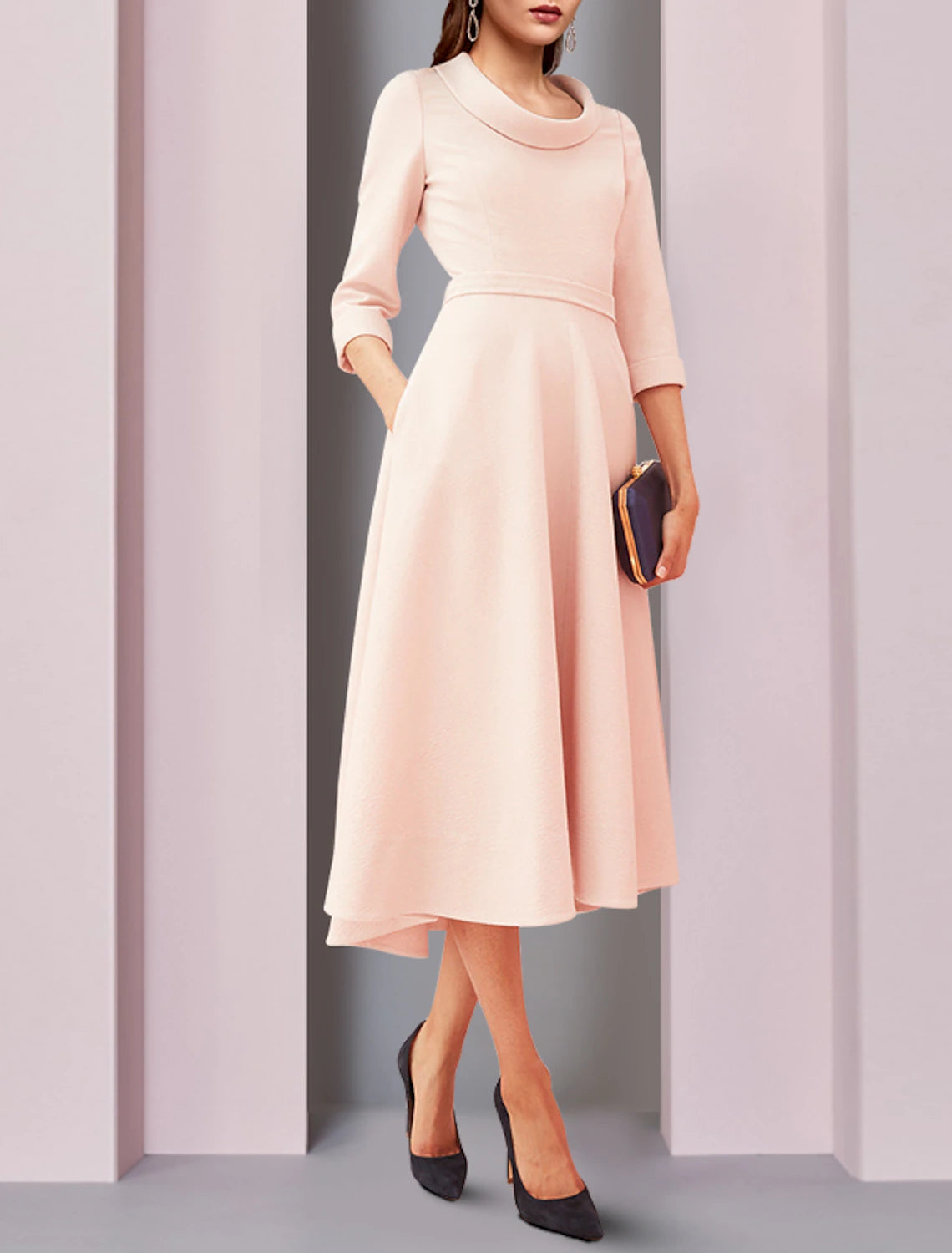 wholesale  A-Line Mother of the Bride Dress Elegant High Low Jewel Neck Asymmetrical Tea Length Satin 3/4 Length Sleeve with Sash / Ribbon Solid Color