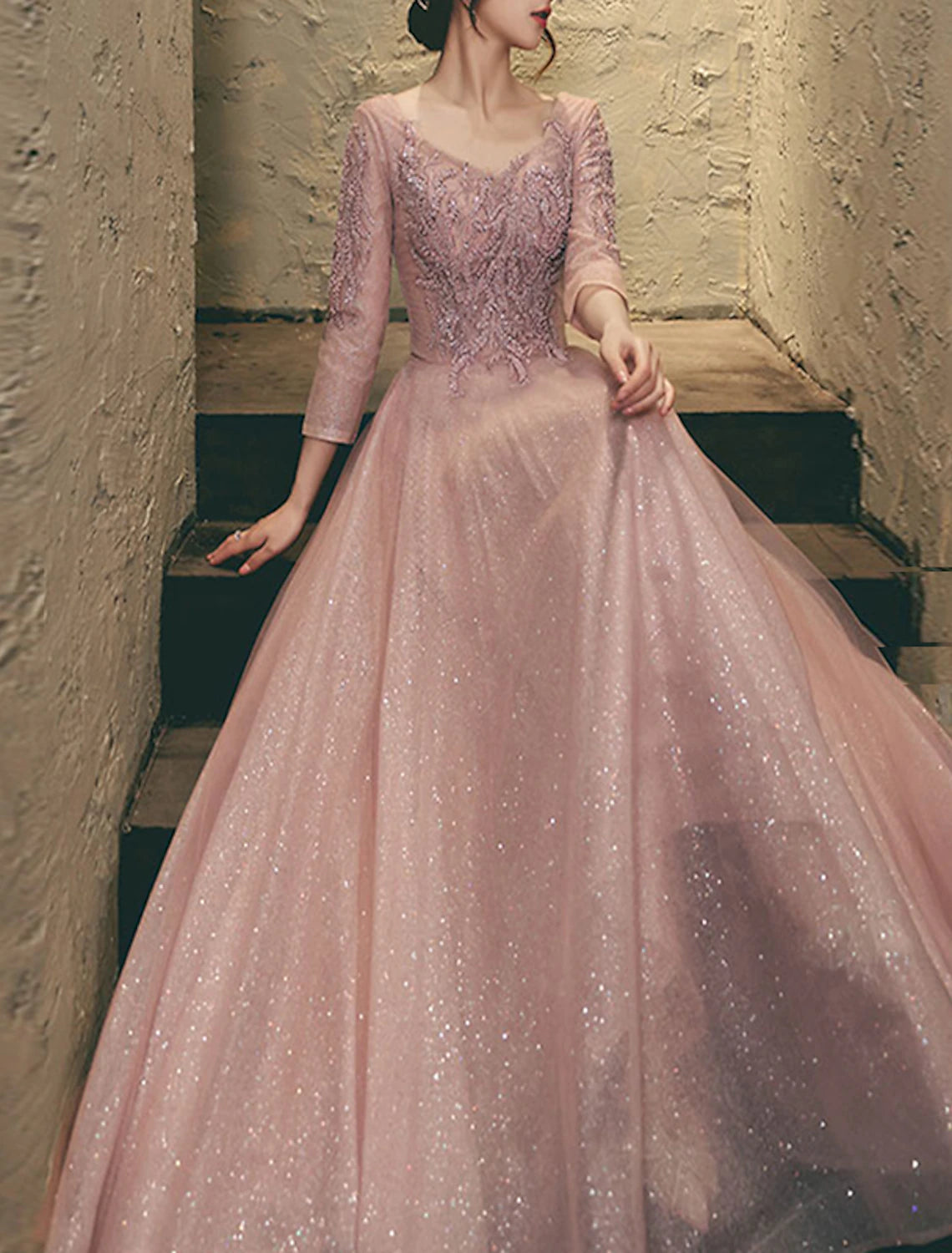 Wholesa  A-Line Prom Dresses Sparkle & Shine Dress Wedding Guest Prom Floor Length 3/4 Length Sleeve V Neck Lace with Appliques