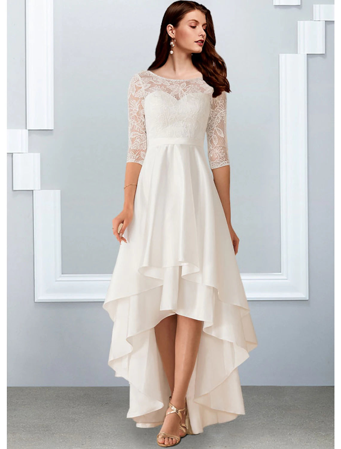 wholesale  Reception Little White Dresses Wedding Dresses A-Line Illusion Neck Half Sleeve Asymmetrical Chiffon Bridal Gowns With Cascading Ruffles