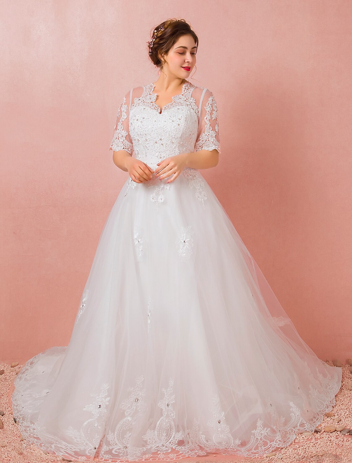 wholesale  Hall Wedding Dresses A-Line V Neck Half Sleeve Cathedral Train Satin Bridal Gowns With Lace Crystals