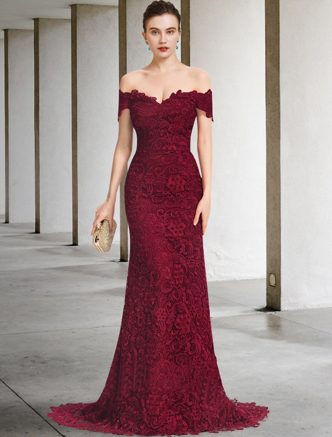 wholesale  Mermaid / Trumpet Mother of the Bride Dress Elegant Off Shoulder Sweep / Brush Train Lace Short Sleeve with Appliques