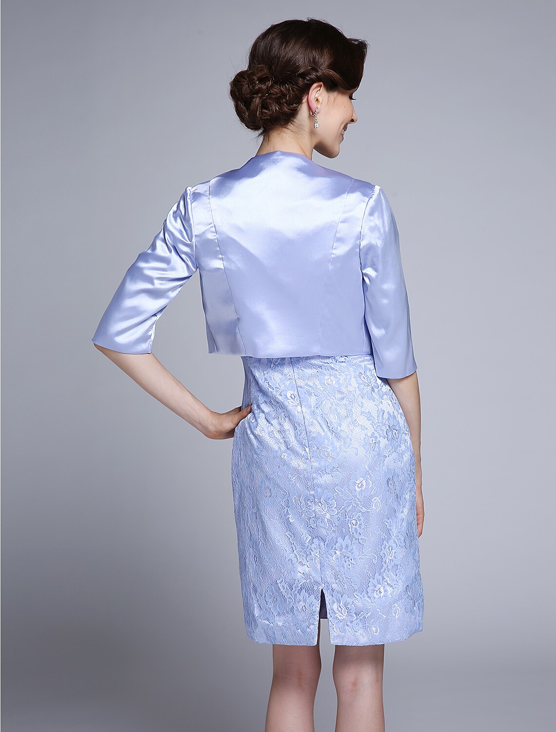 wholesale  Sheath / Column Mother of the Bride Dress Convertible Dress Scoop Neck Knee Length Satin Lace Half Sleeve No with Lace