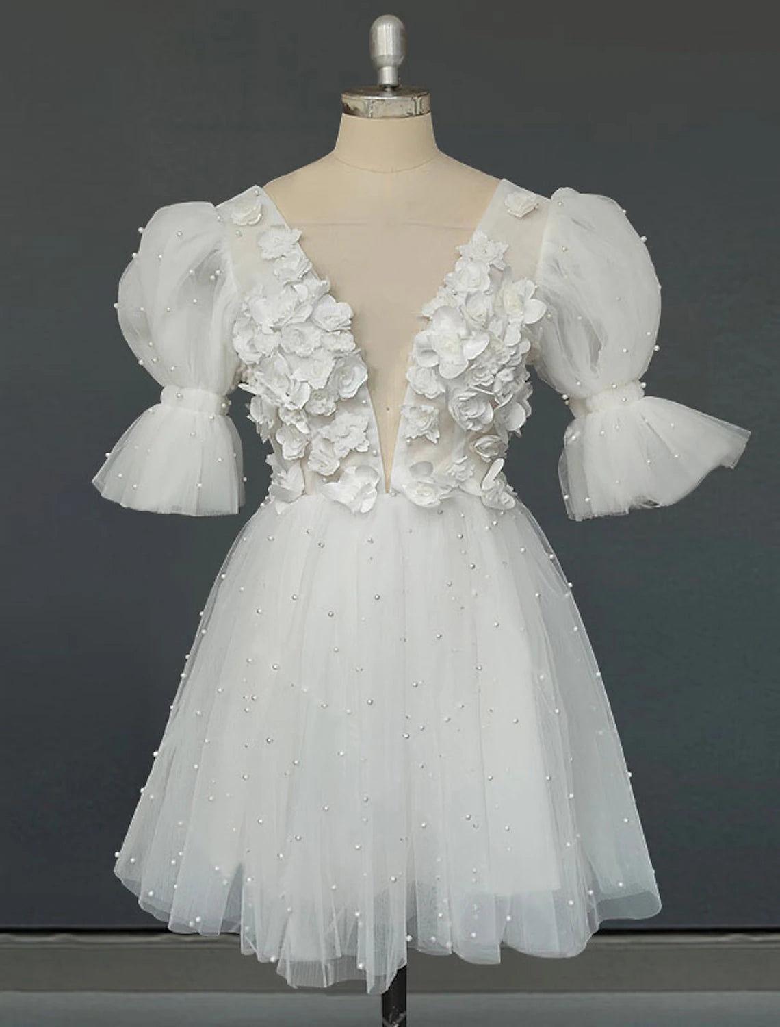 wholesale  Bridal Shower Open Back Little White Dresses Wedding Dresses A-Line V Neck Short Sleeve Short / Mini Satin Bridal Gowns With Pleats Pearls