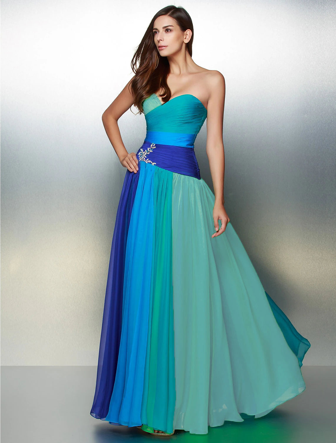 wholesa A-Line Color Block Dress Wedding Guest Prom Floor Length Sleeveless Sweetheart Chiffon Backless with Ruched Crystals
