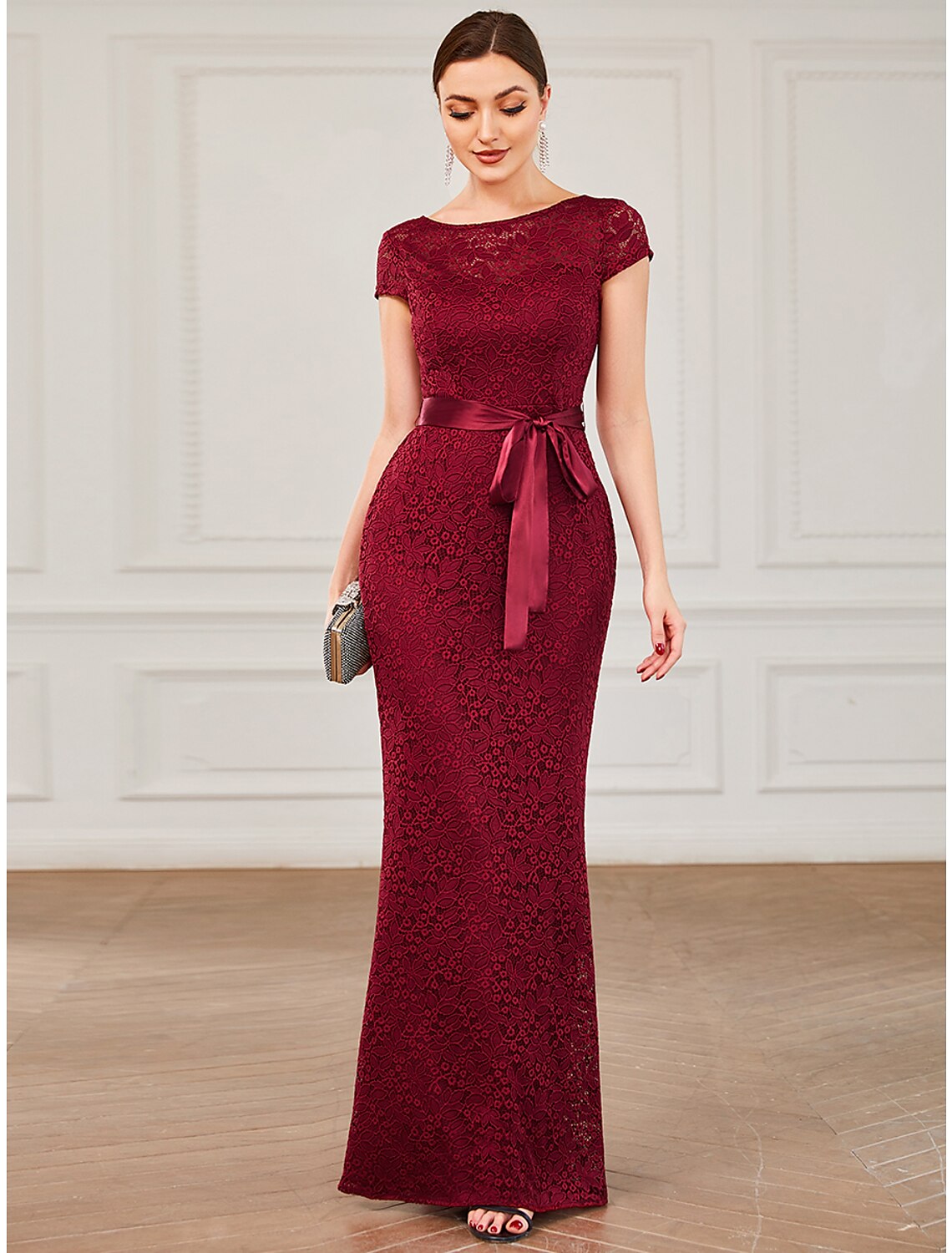 Wholesa Mermaid / Trumpet Evening Gown Vintage Dress Formal Wedding Guest Floor Length Short Sleeve Jewel Neck Bridesmaid Dress Lace V Back with Strappy