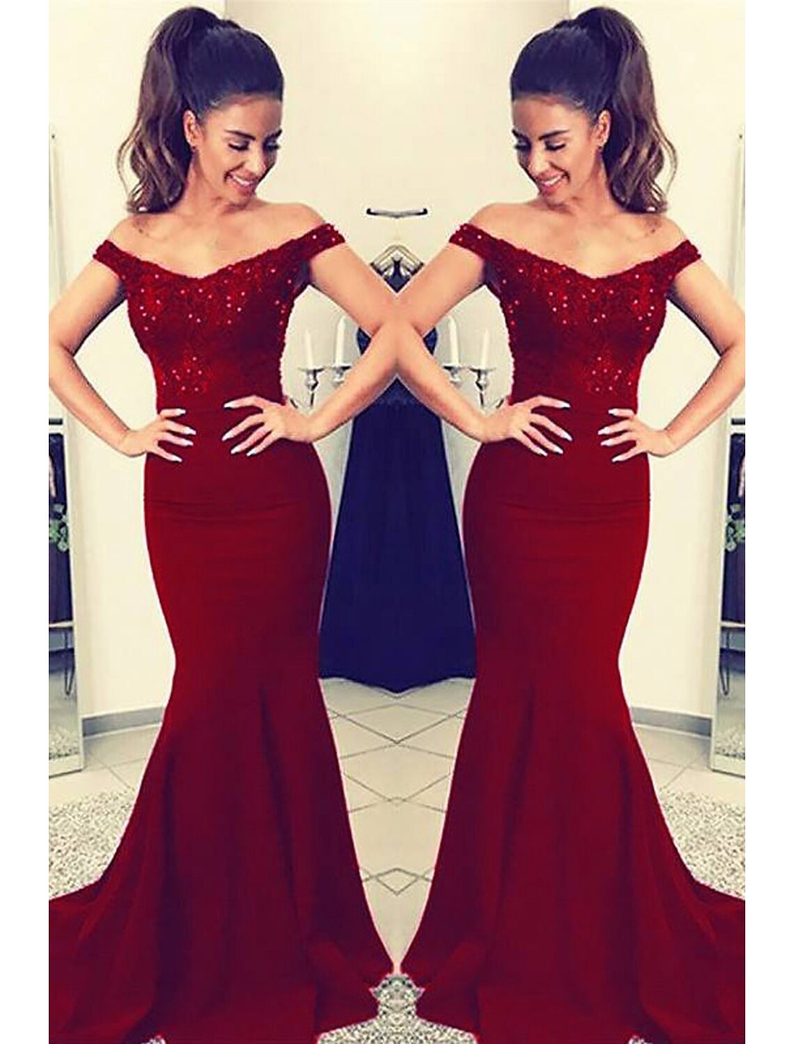 wholesale  Mermaid / Trumpet Prom Dresses Sexy Dress Formal Prom Court Train Sleeveless Off Shoulder Stretch Fabric V Back with Beading Appliques