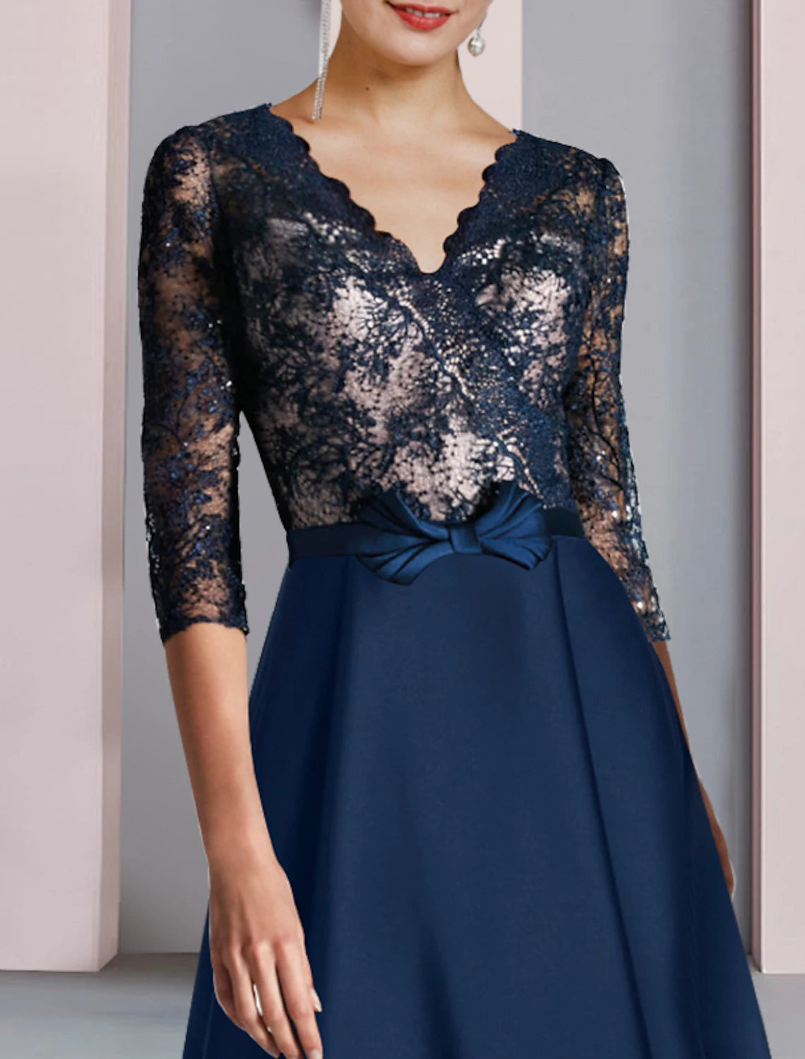 wholesale  A-Line Mother of the Bride Dress Wedding Guest Elegant High Low V Neck Asymmetrical Tea Length Satin Lace Half Sleeve with Bow(s) Color Block