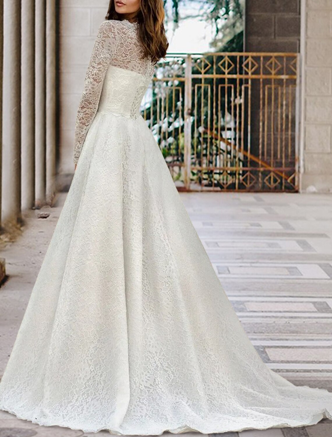 Wholesa Engagement Formal Fall Wedding Dresses A-Line Illusion Neck Long Sleeve Court Train Lace Bridal Gowns With Sashes / Ribbons Pleats