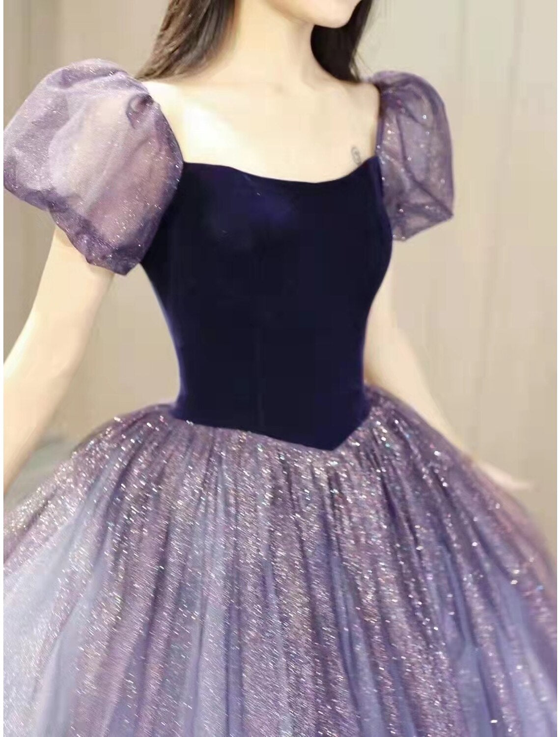 wholesale  Ball Gown Prom Dresses Cute Dress Engagement Prom Floor Length Short Sleeve Square Neck Tulle with Sequin Splicing