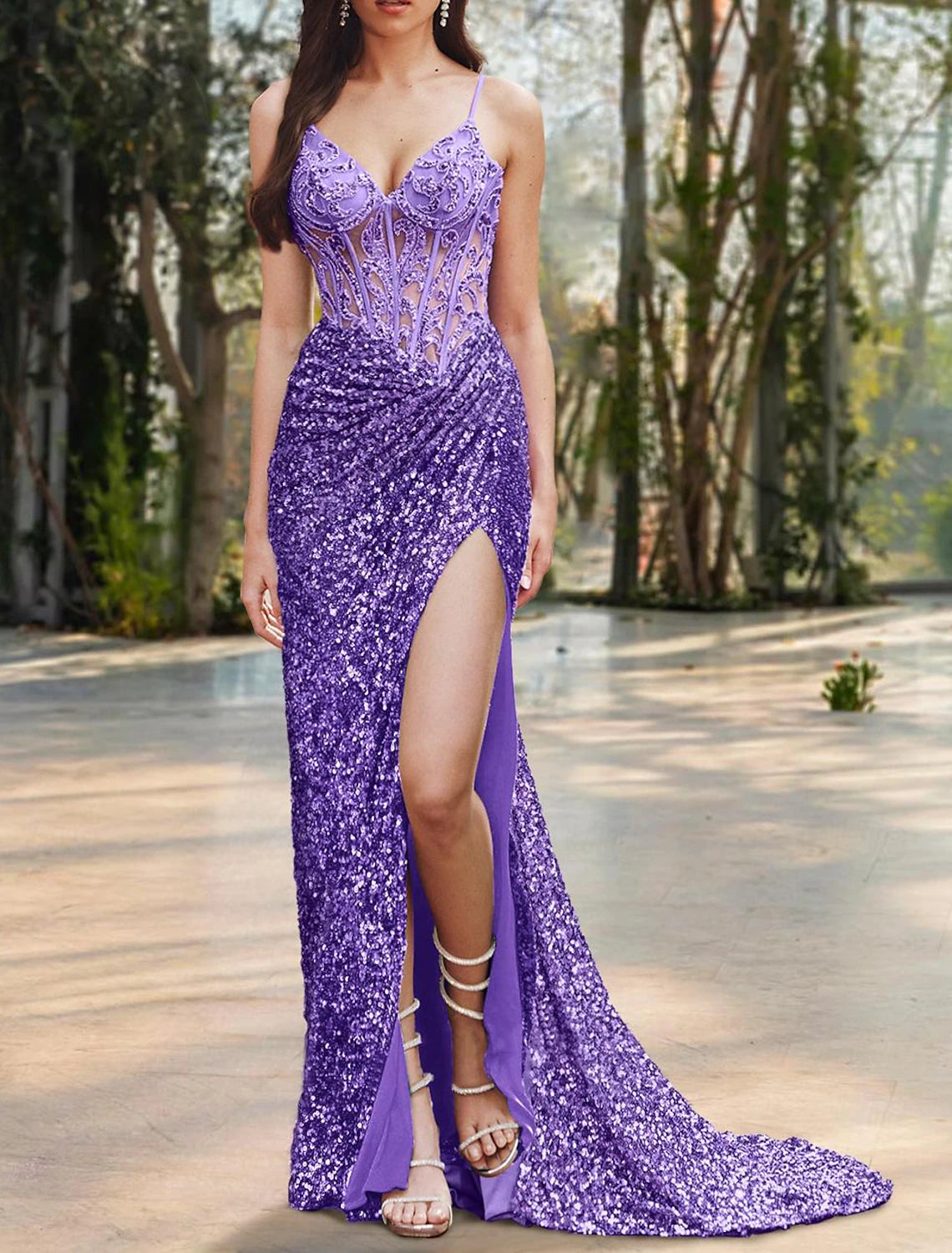 Wholesa Mermaid / Trumpet Prom Dresses Corsets Dress Formal Wedding Guest Floor Length Sleeveless Spaghetti Strap Sequined with Slit Appliques