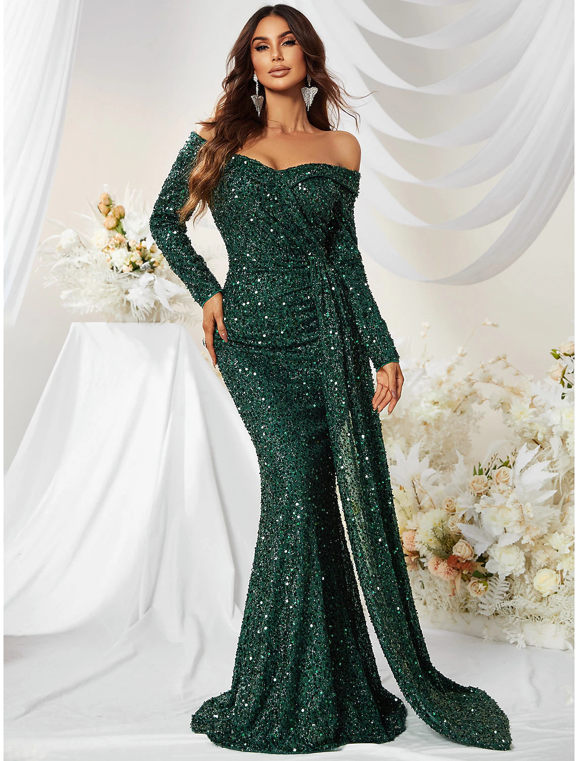 Wholesa Mermaid / Trumpet Evening Gown Sparkle & Shine Dress Formal Cocktail Party Sweep / Brush Train Long Sleeve Off Shoulder Polyester with Sequin