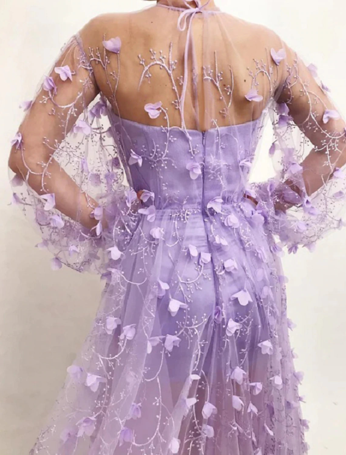 Wholesa A-Line Prom Dresses Floral Dress Wedding Guest Prom Floor Length Long Sleeve V Neck Tulle with Appliques