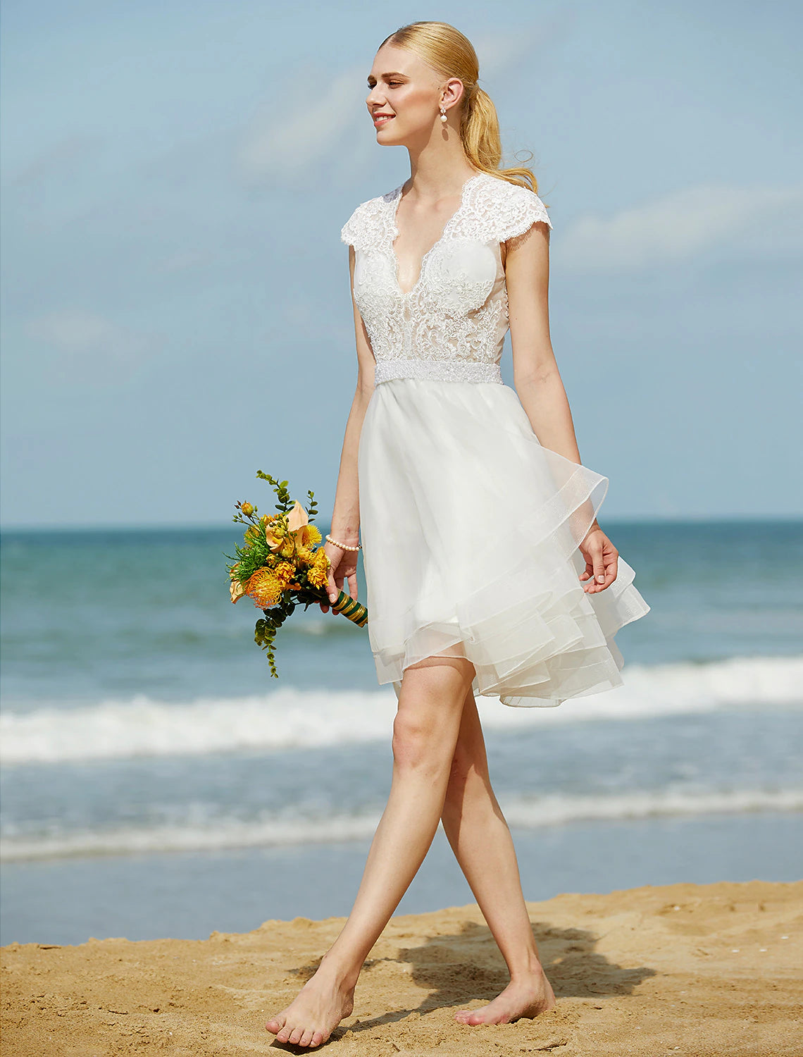 wholesale  Wedding Dresses A-Line V Neck Sleeveless Knee Length Tulle Bridal Gowns With Sash / Ribbon Beading