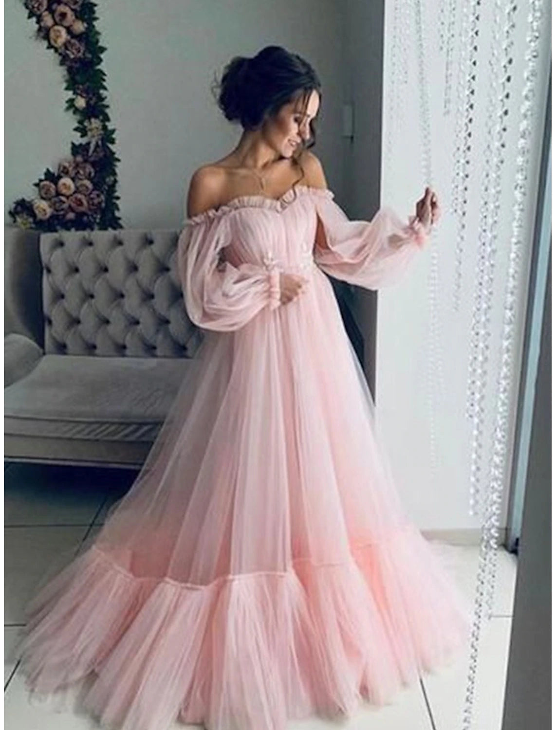 wholesa A-Line Minimalist Elegant Engagement Prom Dress Off Shoulder Long Sleeve Floor Length Tulle with Pleats Appliques