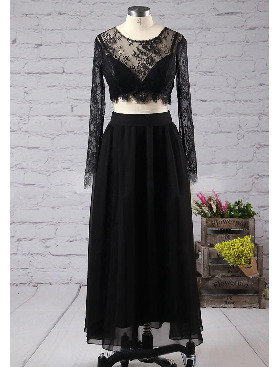 Wholesa Two Piece A-Line Prom Dresses High Split Dress Formal Floor Length Long Sleeve Jewel Neck Chiffon with Slit