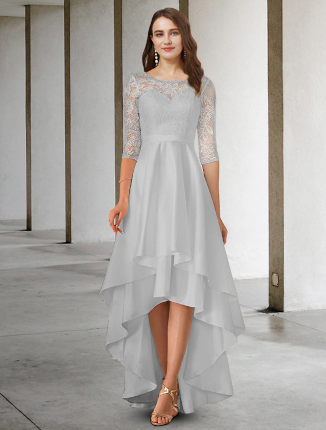wholesale  A-Line Mother of the Bride Dress Elegant High Low Jewel Neck Asymmetrical Chiffon Lace Half Sleeve with Appliques Cascading Ruffles