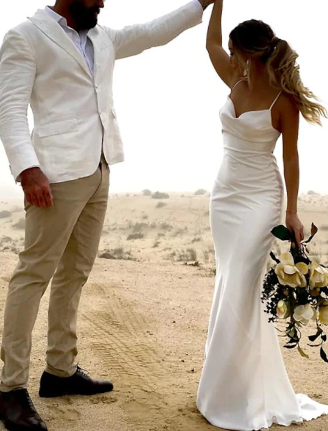 wholesale  Beach Open Back Casual Wedding Dresses Sheath / Column Square Neck Camisole Spaghetti Strap Sweep / Brush Train Charmeuse Bridal Gowns With Ruched Solid