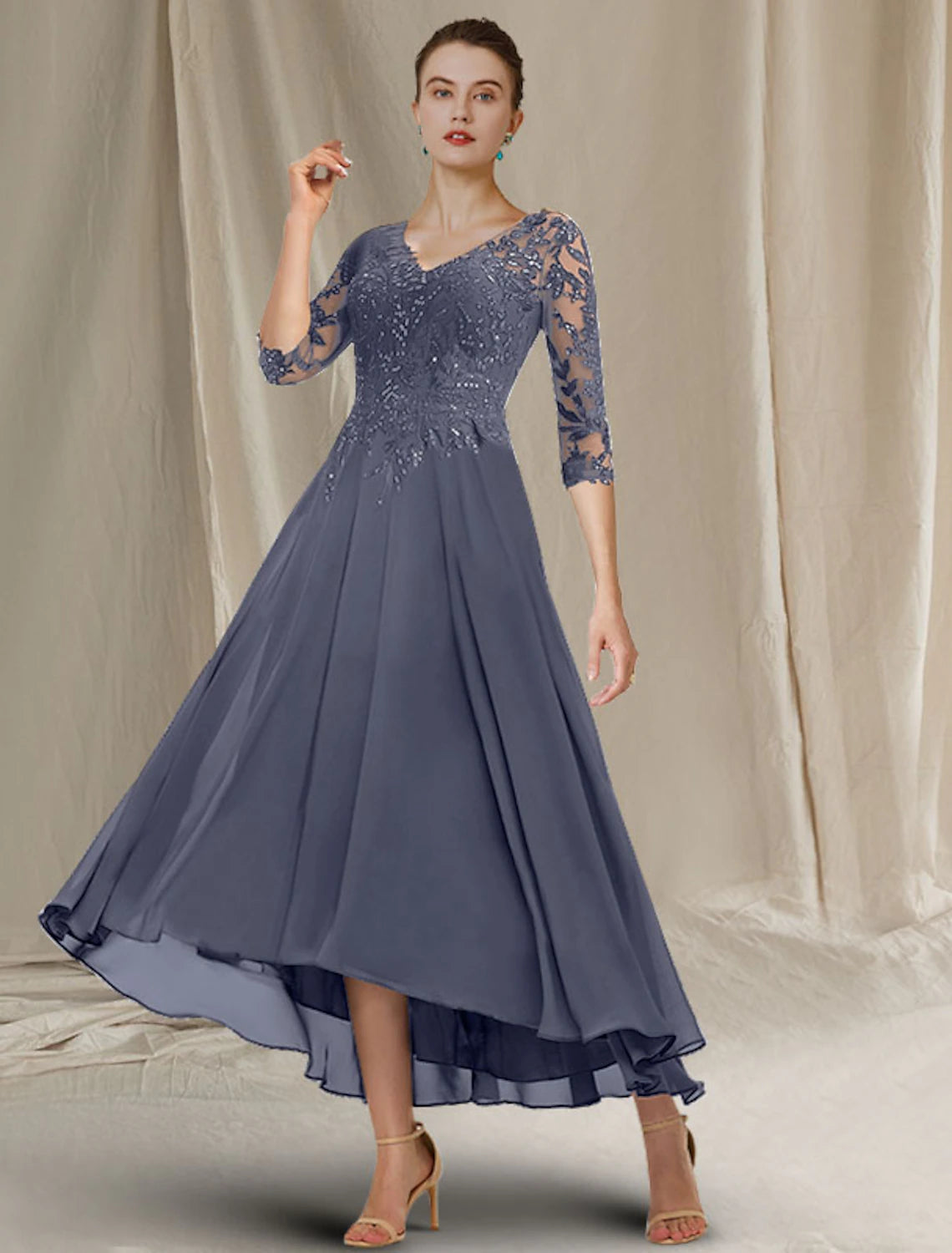 wholesale  A-Line Mother of the Bride Dress Elegant Sparkle & Shine High Low V Neck Asymmetrical Tea Length Chiffon Lace Half Sleeve with Sequin Ruffles Appliques