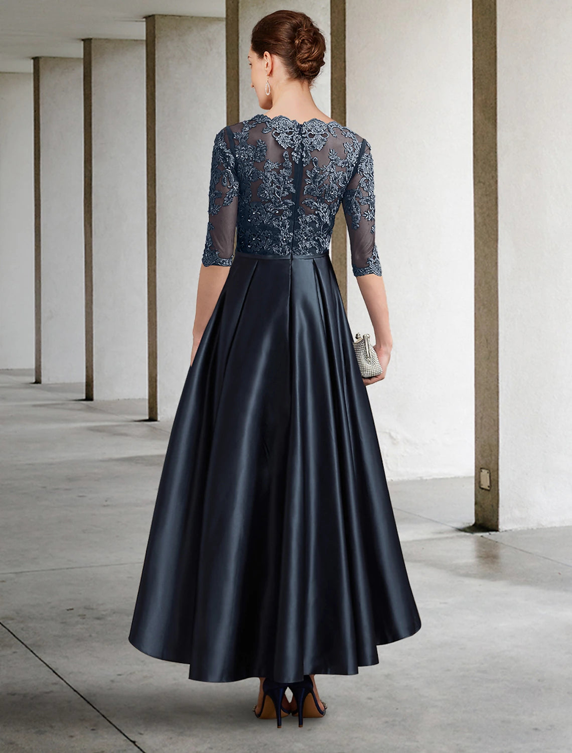 Wholesa  A-Line Mother of the Bride Dress Formal Wedding Guest Elegant Jewel Neck Asymmetrical Lace Italy Satin Half Sleeve with Lace Pleats