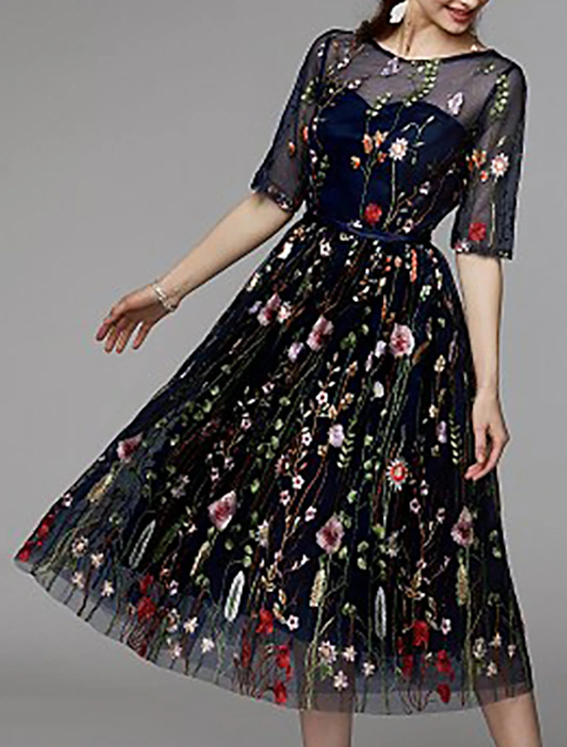wholesale  A-Line Party Dress Holiday Wedding Guest Tea Length Half Sleeve Illusion Neck Fall Wedding Guest Organza with Embroidery Appliques