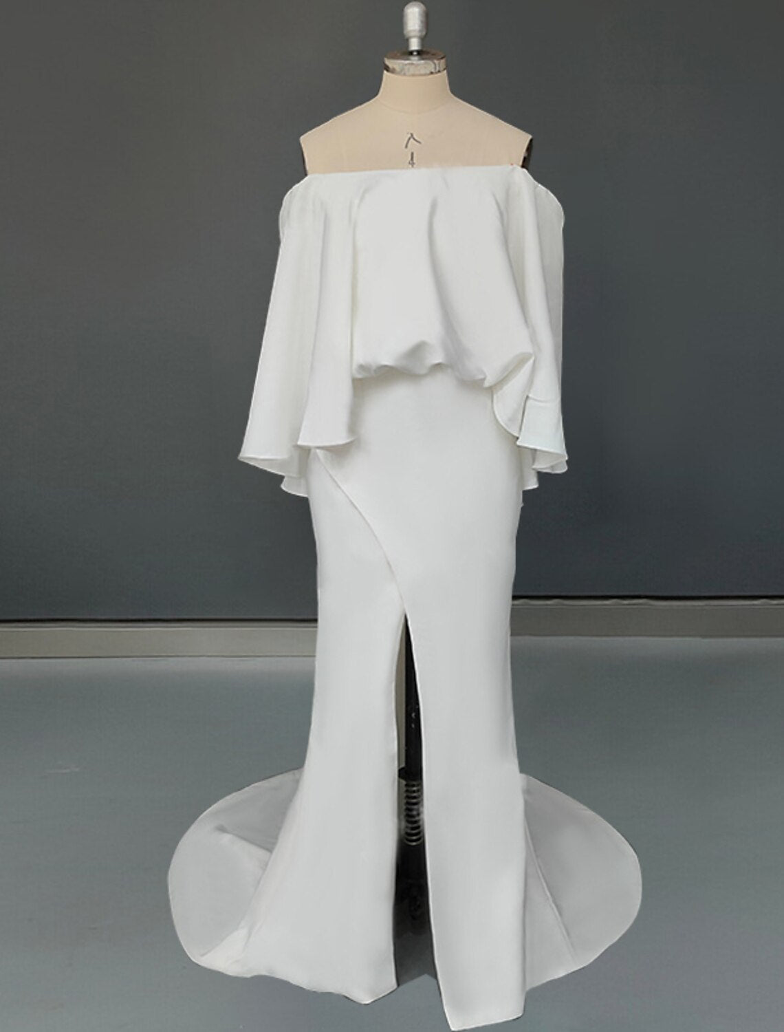 wholesale  A-Line Plus Size Curve Wedding Dresses Minimalist Dress Party Wear Sweep / Brush Train Half Sleeve Off Shoulder Stretch Fabric with Ruffles