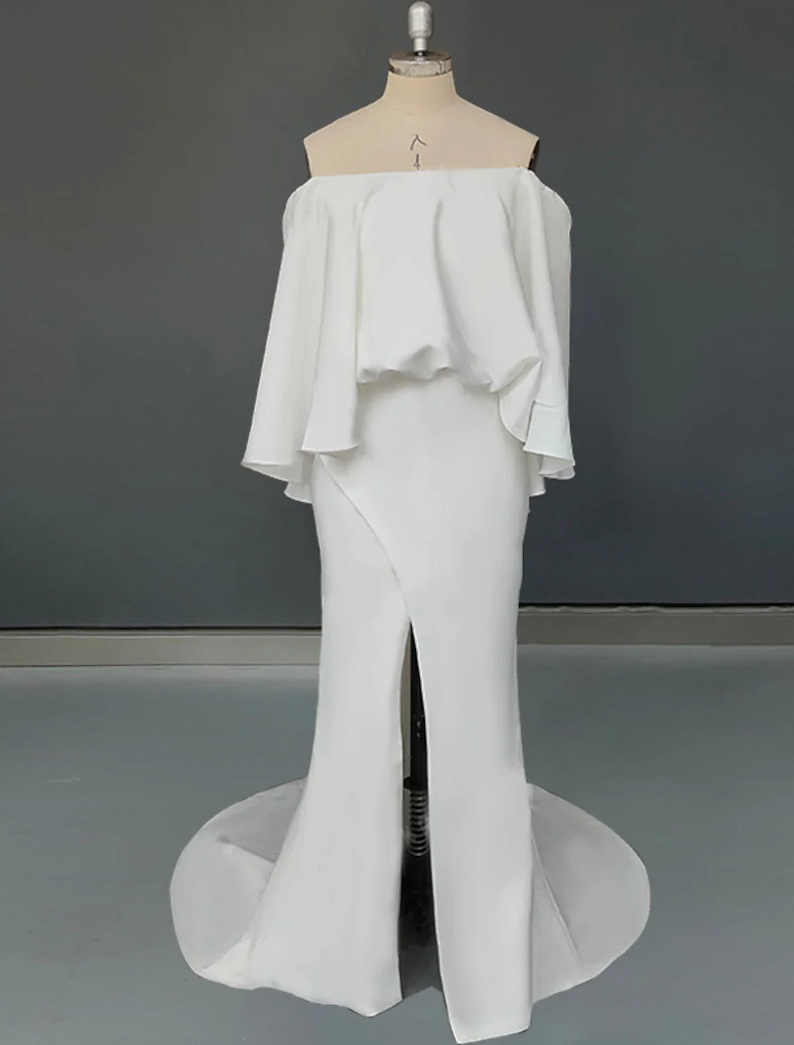 Wholesa A-Line Plus Size Curve Wedding Dresses Minimalist Dress Party Wear Sweep / Brush Train Half Sleeve Off Shoulder Stretch Fabric with Ruffles Slit