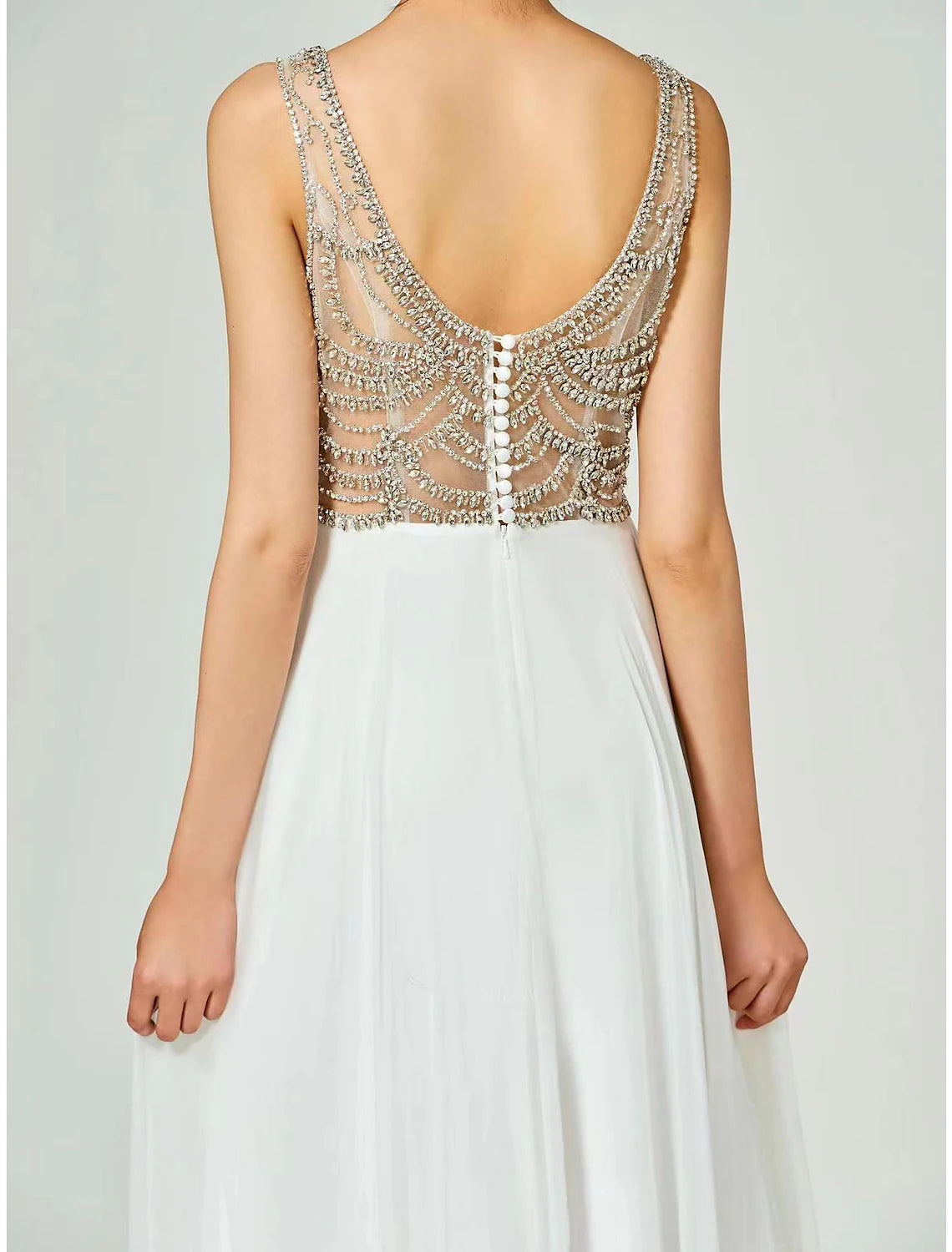 Wholesa A-Line Evening Gown Open Back Dress Formal Wedding Party Floor Length Sleeveless V Neck Chiffon with Rhinestone