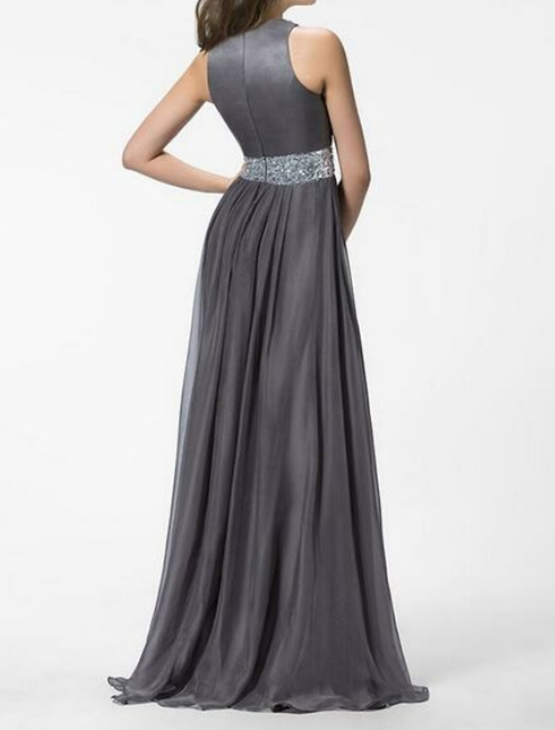 Wholesa A-Line Evening Gown Empire Dress Prom Formal Evening Sweep / Brush Train Sleeveless Jewel Neck Chiffon with Crystals Split Front