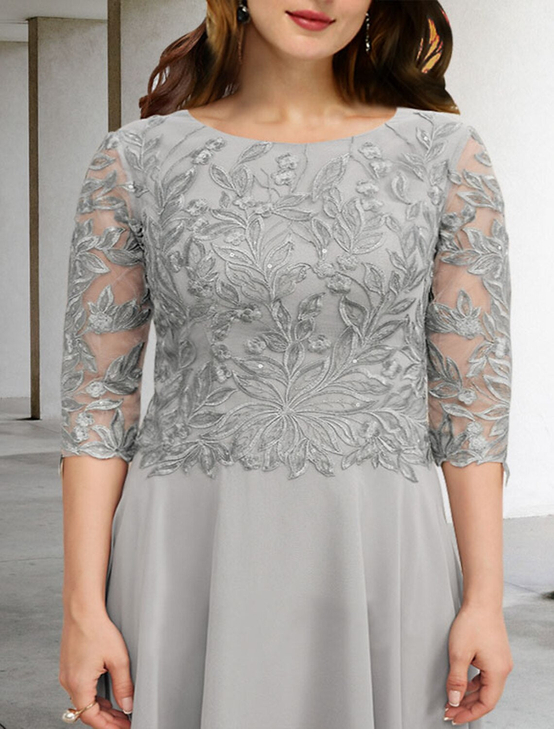 wholesale A-Line Mother of the Bride Dresses Plus Size Hide Belly Curve Elegant Dress Formal Tea Length 3/4 Length Sleeve Jewel Neck Chiffon with Sequin Applique