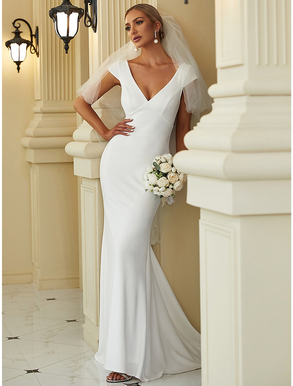 wholesale Reception Casual Wedding Dresses Mermaid / Trumpet V Neck Cap Sleeve Sweep / Brush Train Stretch Fabric Bridal Gowns With Draping Solid Color