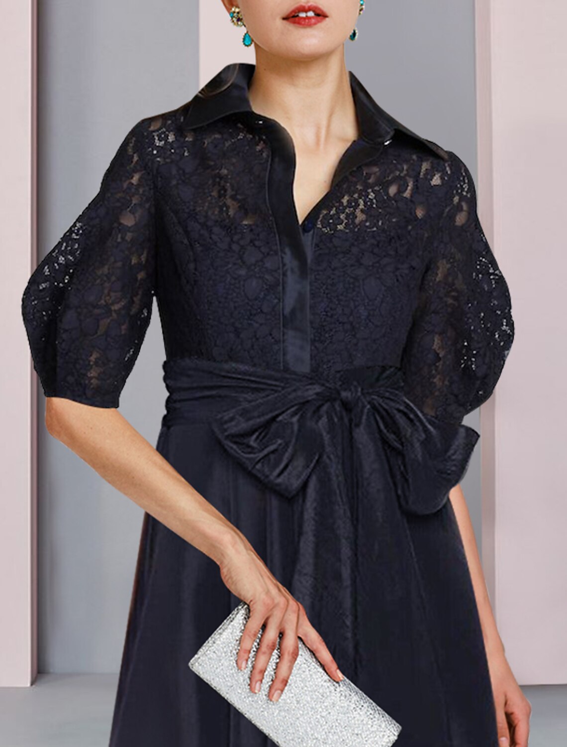 wholesale  A-Line Mother of the Bride Dress Formal Wedding Guest Elegant High Low Shirt Collar Asymmetrical Tea Length Taffeta Short Sleeve with Bow(s) Pleats