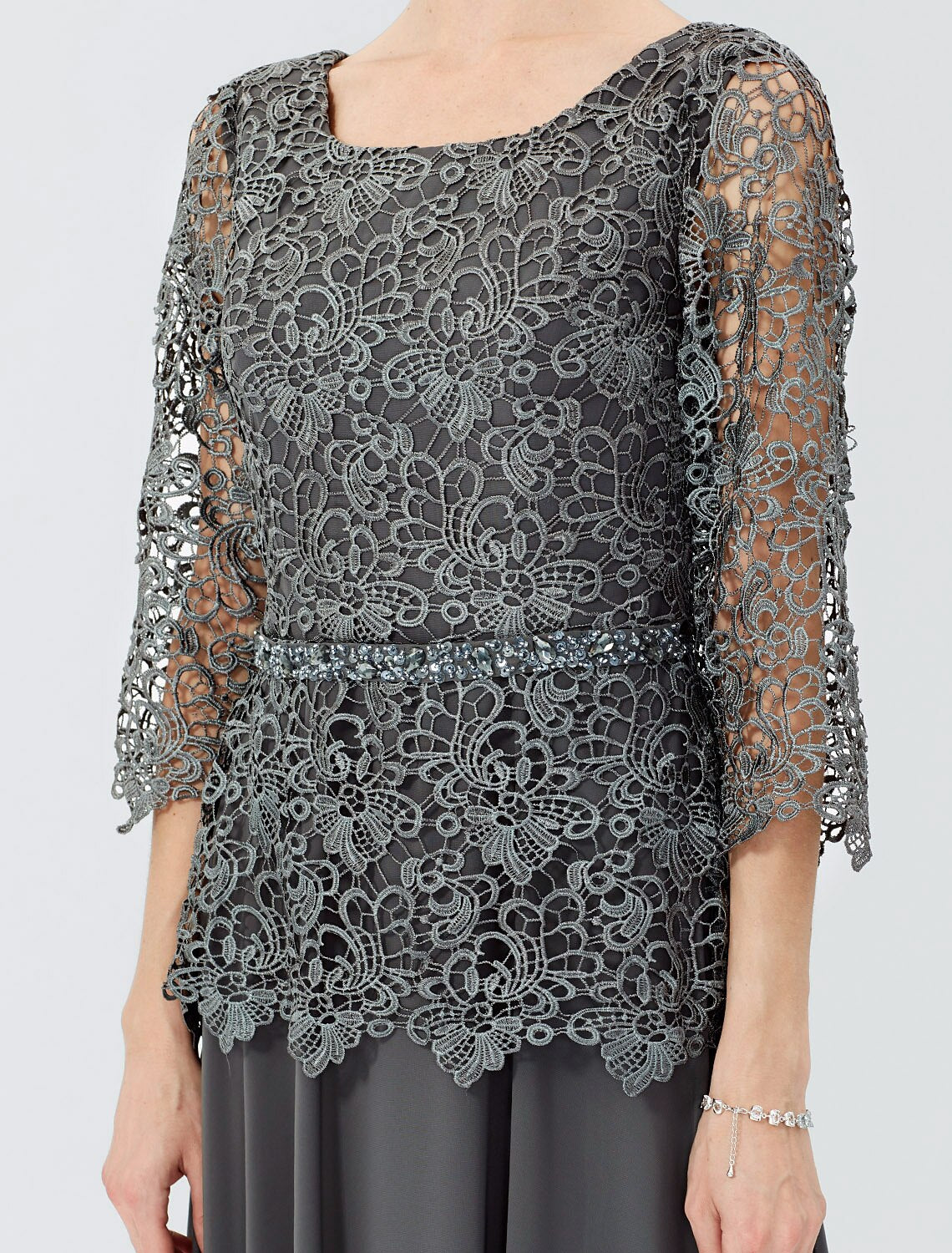 wholesale   Ball Gown A-Line Mother of the Bride Dress Formal Classic & Timeless Elegant & Luxurious Elegant Scoop Neck Floor Length Chiffon Corded Lace 3/4 Length Sleeve with Sashes / Ribbons Beading