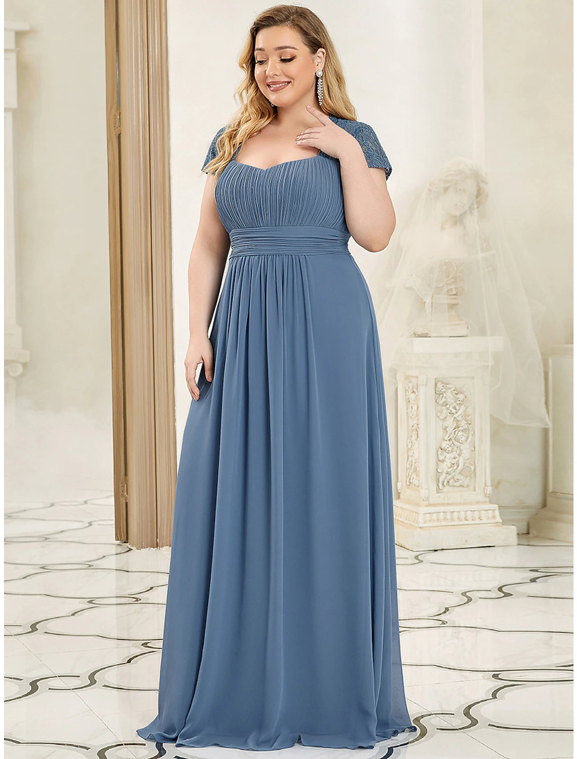 wholesa A-Line Evening Gown Plus Size Dress Wedding Guest Prom Floor Length Short Sleeve Sweetheart Chiffon with Ruched