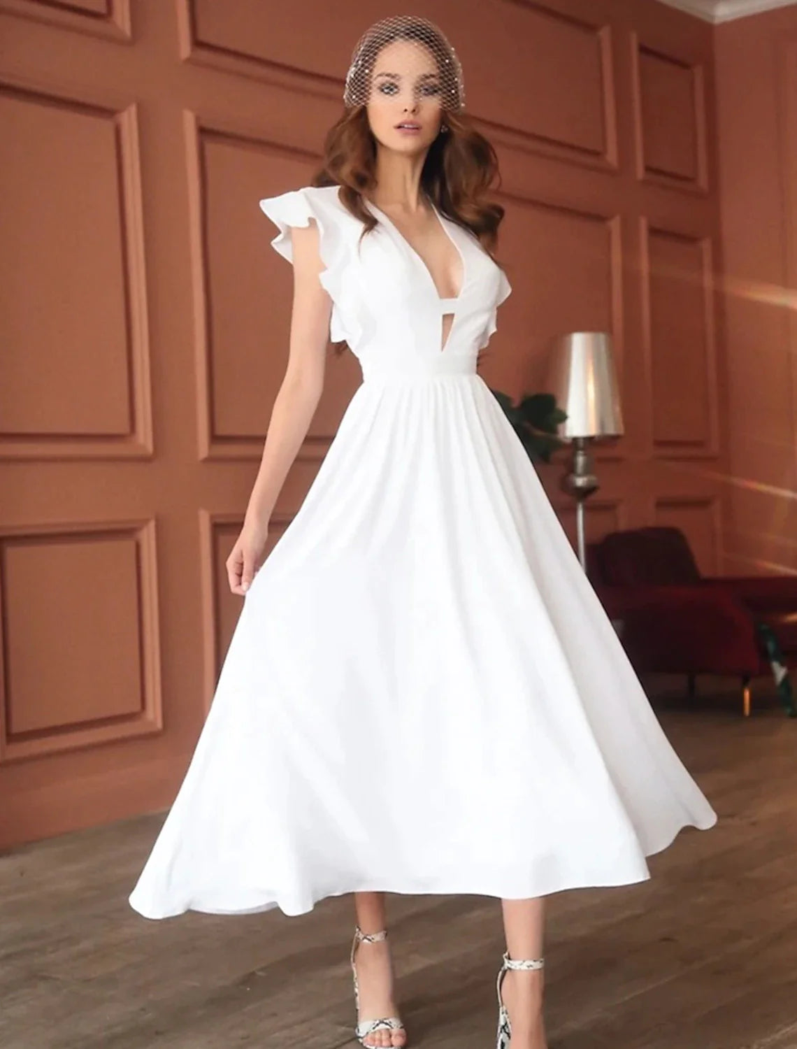 Wholesa A-Line Princess Cute Wedding Guest Prom Dress V Neck Sleeveless Tea Length Stretch Fabric with Ruffles Pure Color