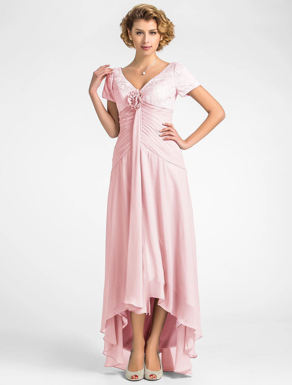 wholesale   A-Line Mother of the Bride Dress Floral High Low V Neck Asymmetrical Chiffon Lace Short Sleeve with Pleats Flower
