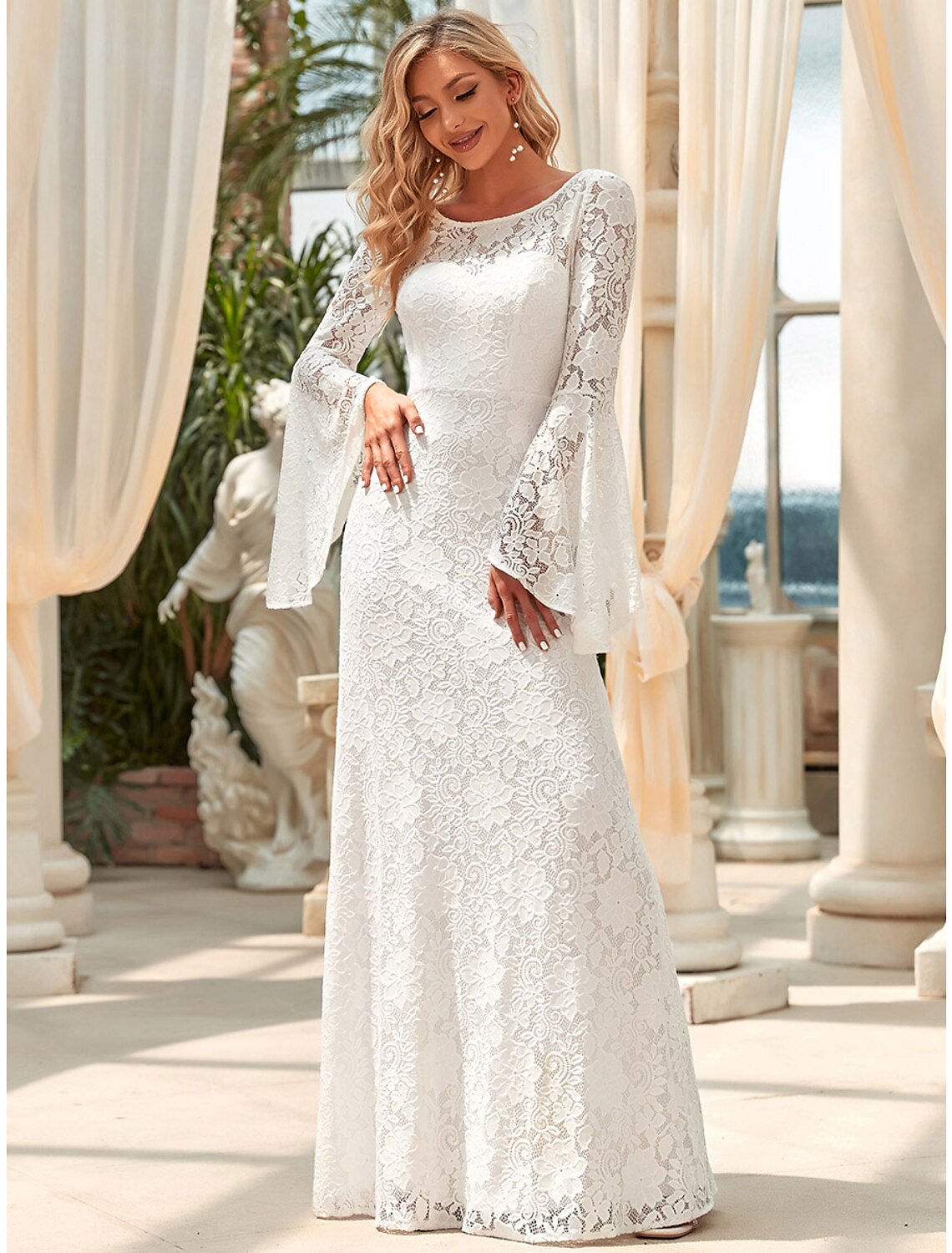 wholesale  Hall Wedding Dresses Mermaid / Trumpet Jewel Neck Long Sleeve Floor Length Lace Bridal Gowns With Lace