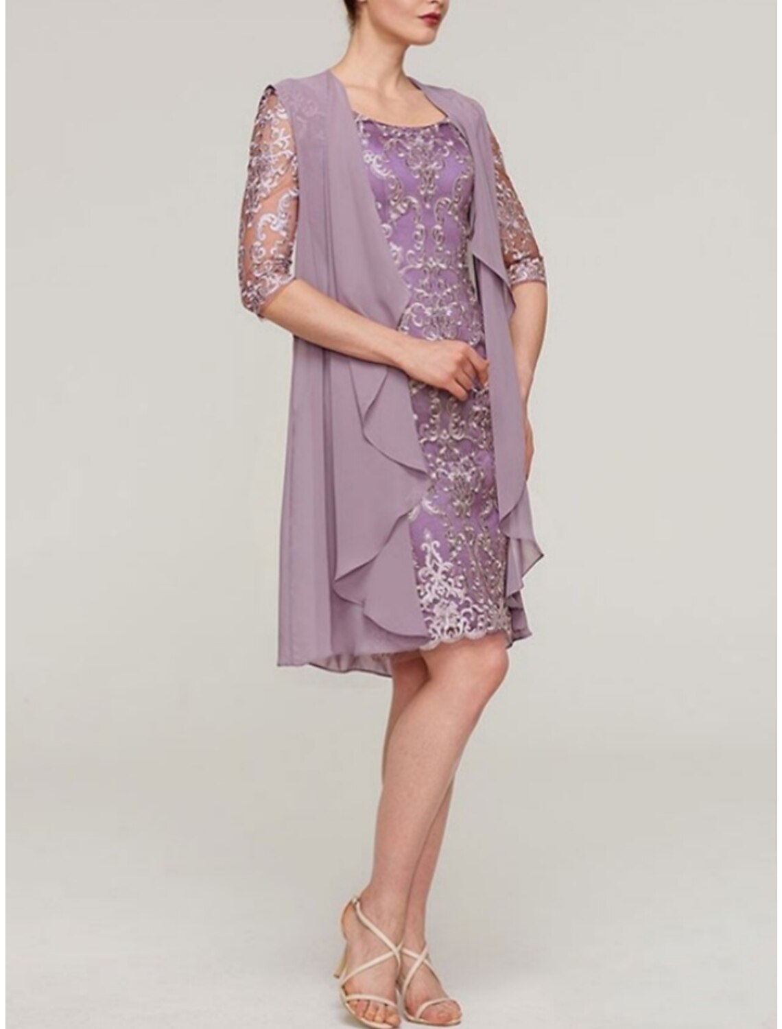 Wholesa  Two Piece Sheath / Column Mother of the Bride Dress Wedding Guest Elegant Petite Scoop Neck Knee Length Chiffon Half Sleeve with Lace Ruching