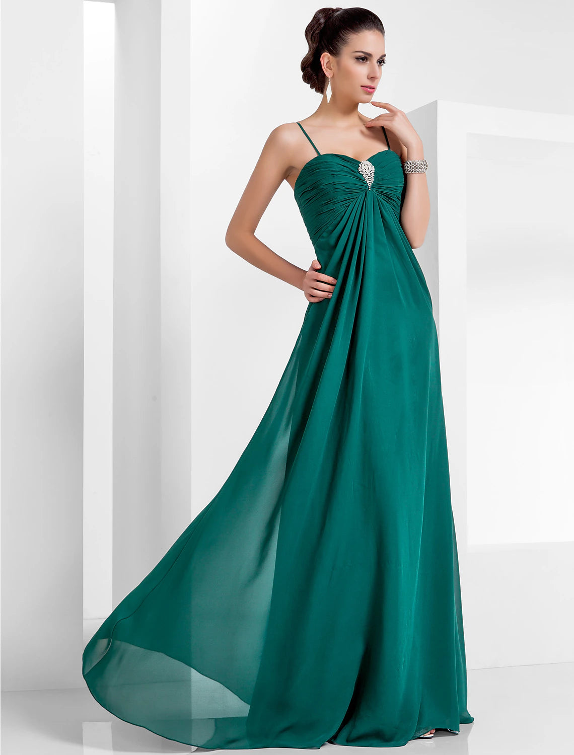 Wholesa A-Line Empire Holiday Formal Evening Dress Spaghetti Strap Sleeveless Floor Length Chiffon with Crystals