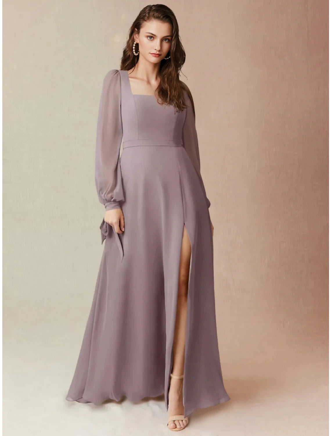 Wholesa  A-Line Bridesmaid Dress Square Neck Long Sleeve Elegant Floor Length Chiffon with Split Front / Ruching