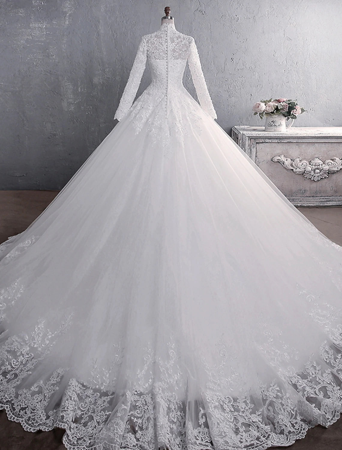 wholesale  Engagement Formal Wedding Dresses Ball Gown High Neck Long Sleeve Court Train Lace Bridal Gowns With Appliques
