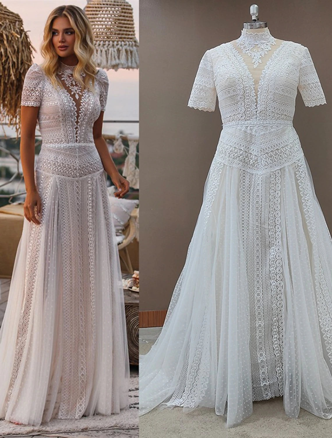 wholesale  Beach Boho Wedding Dresses A-Line Illusion Neck Short Sleeve Court Train Lace Outdoor Bridal Gowns With Appliques