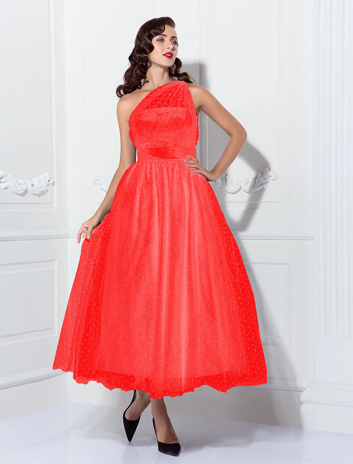 wholesale  A-Line Cocktail Black Dress Vintage Dress Halloween Ankle Length Sleeveless One Shoulder Wednesday Addams Family Tulle with Pleats Pattern / Print