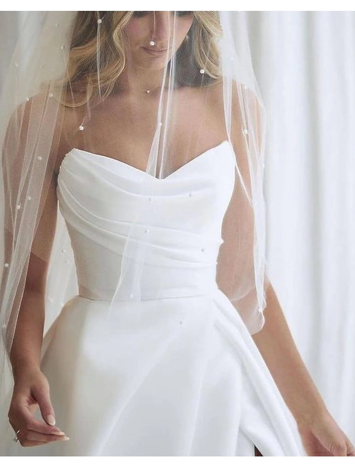 Wholesa  Engagement Sexy Wedding Dresses A-Line Sweetheart Strapless Court Train Satin Bridal Gowns With Split Front