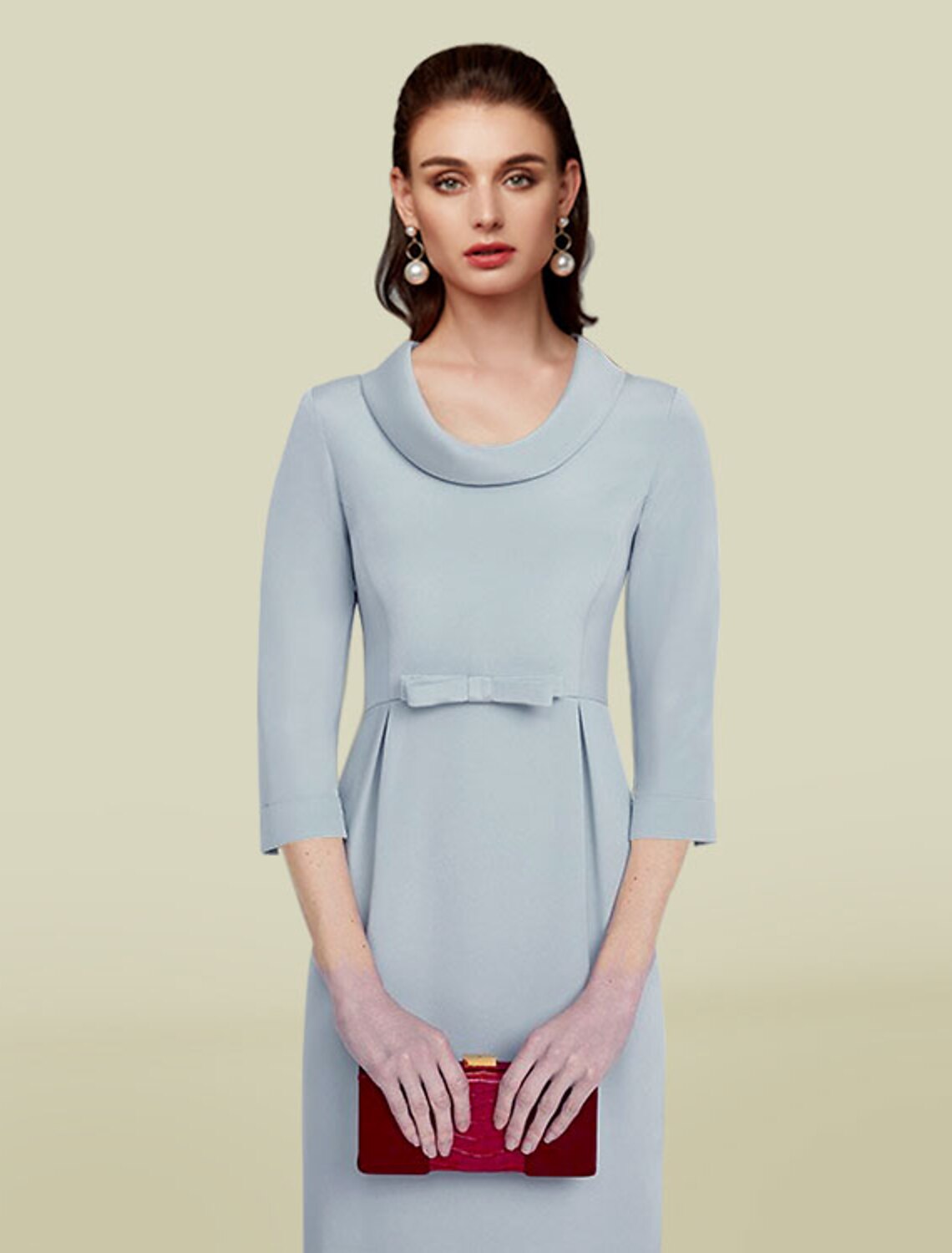 wholesale  Sheath / Column Mother of the Bride Dress Elegant Jewel Neck Tea Length Italy Satin 3/4 Length Sleeve with Sash / Ribbon Bow(s)