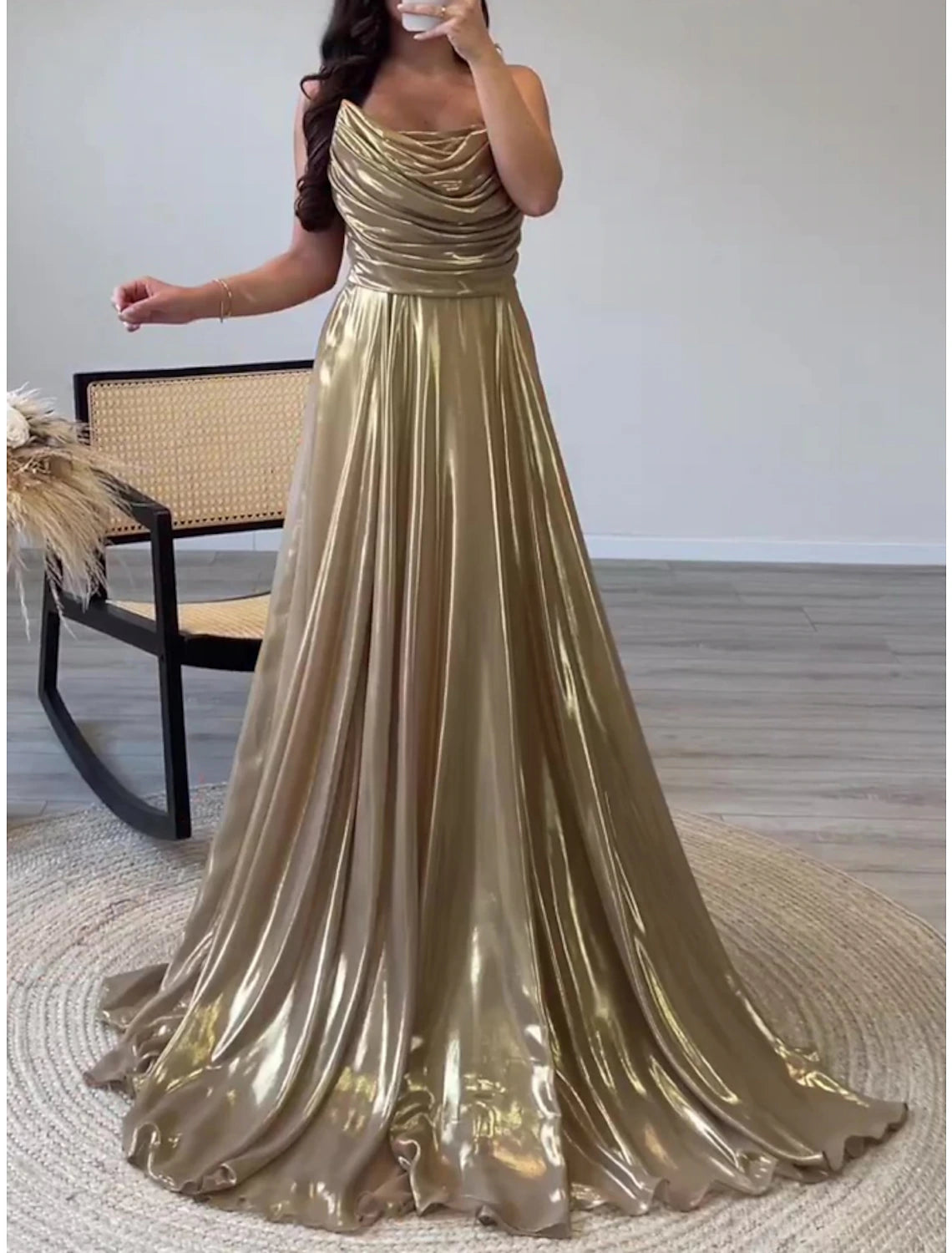 Wholesa A-Line Evening Gown Elegant Dress Formal Sweep / Brush Train Sleeveless Spaghetti Strap Satin with Pleats Ruched