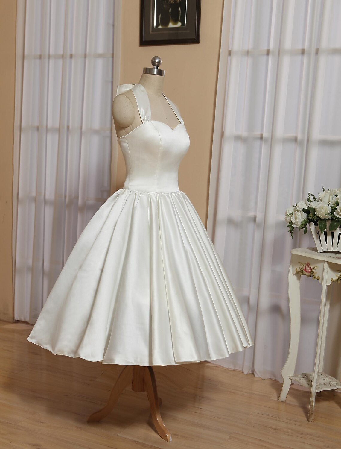 wholesale  Reception Little White Dresses Wedding Dresses A-Line Halter Sleeveless Tea Length Satin Bridal Gowns With Bow(s) Pleat